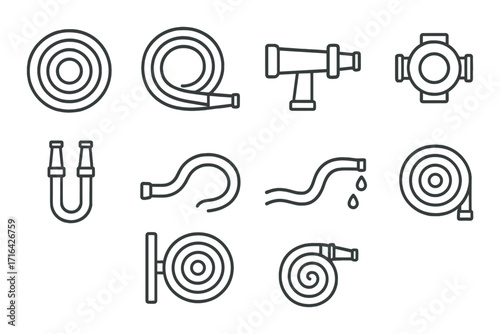 Firefighting equipment icons set: hoses, hydrants, extinguishers on dark background