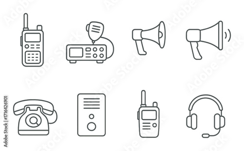 Icon set of communication devices: phone, walkie talkie, megaphone, radio