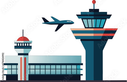Modern airport control tower and terminal building with airplane flying