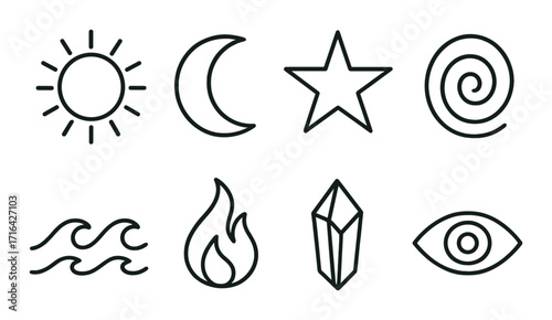 Mystical symbols: sun, moon, star, spiral, waves, fire, crystal, eye on olive green background