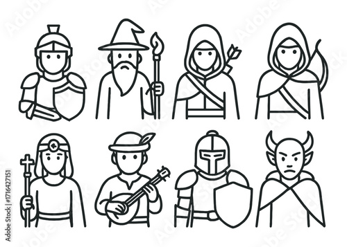 Hand-drawn fantasy characters in iconic costumes featuring armor, magic, and medieval themes