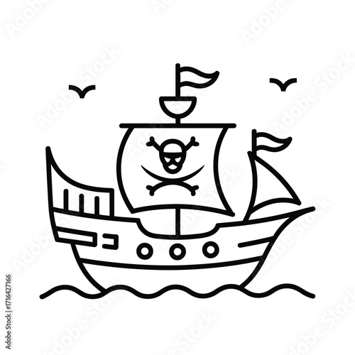 Whimsical pirate ship with jolly roger flag sailing on wavy seas
