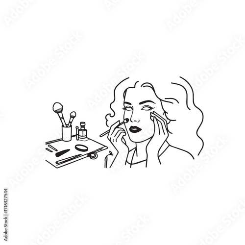 Black and white line art of a beautiful woman doing makeup at dressing table with mirror illustration
