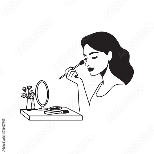 Black and white line art of a beautiful woman doing makeup at dressing table with mirror illustration