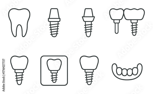 Dental implant icons on dark background with tooth and gum illustrations