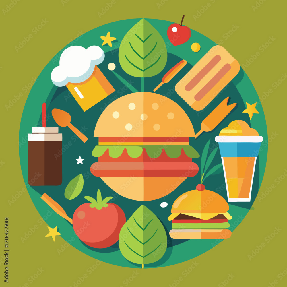 Fototapeta premium Vibrant food and restaurant themed graphic design with culinary elements