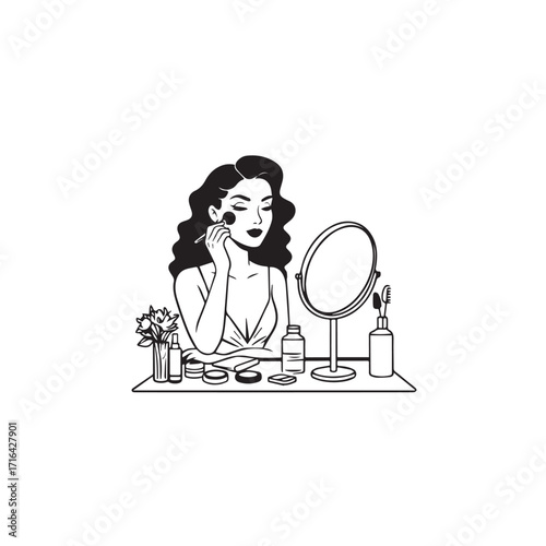 Black and white line art of a beautiful woman doing makeup at dressing table with mirror illustration