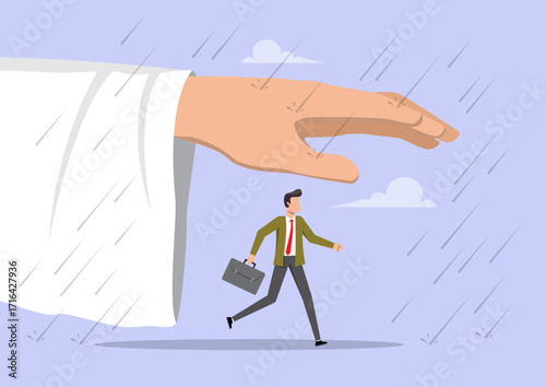 A businessman strides forward under the protective cover of Jesus hand