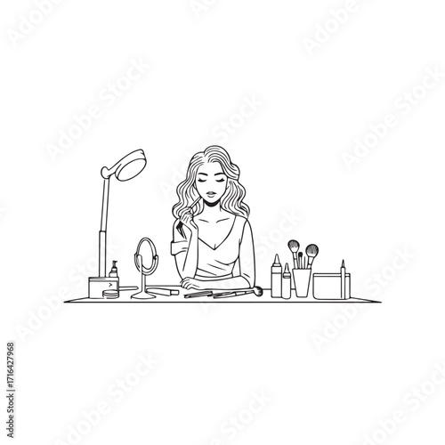 Black and white line art of a beautiful woman doing makeup at dressing table with mirror illustration