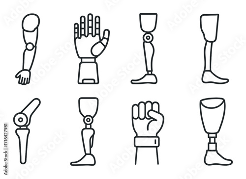 Various prosthetic limb silhouettes on dark background highlighting diverse designs