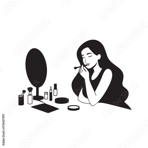 Black and white line art of a beautiful woman doing makeup at dressing table with mirror illustration