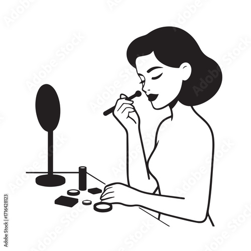 Black and white line art of a beautiful woman doing makeup at dressing table with mirror illustration
