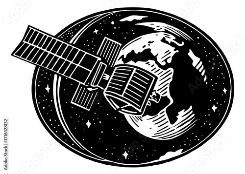 Satellite Orbiting Earth Silhouette, Space Science SVG, PNG