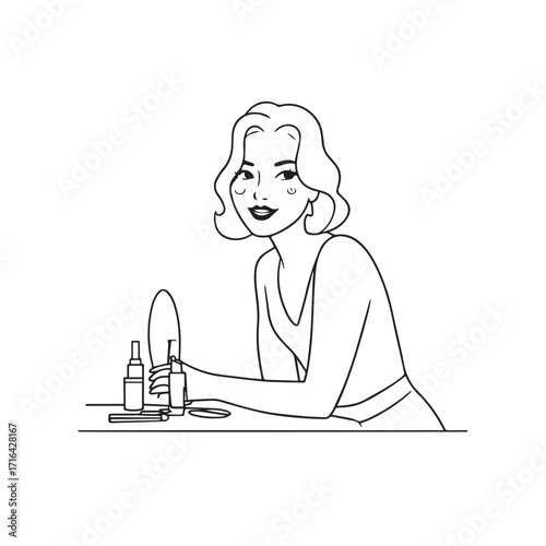 Black and white line art of a beautiful woman doing makeup at dressing table with mirror illustration