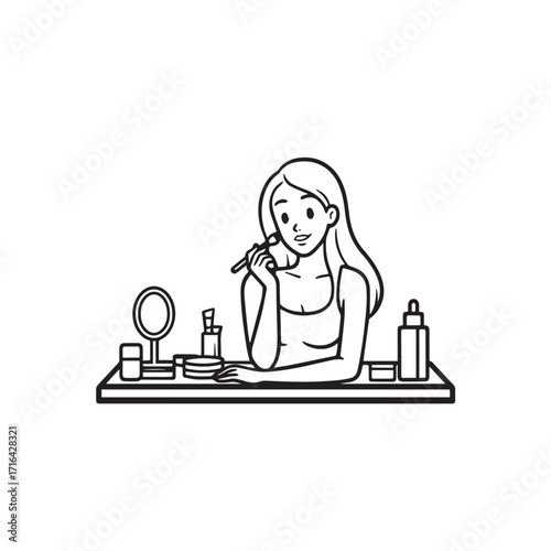 Black and white line art of a beautiful woman doing makeup at dressing table with mirror illustration