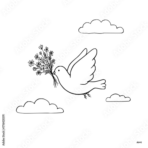 Dove bird flying with flowers in beak drawing illustration peace and love concept vector clip art image