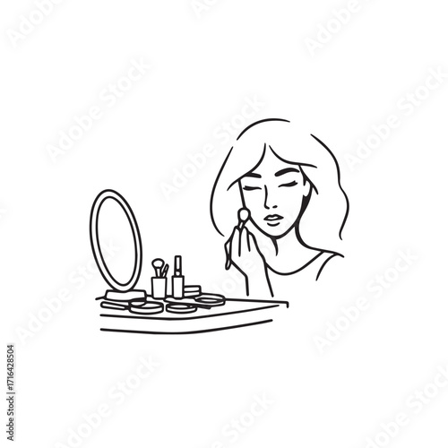 Black and white line art of a beautiful woman doing makeup at dressing table with mirror illustration