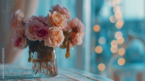 A beautiful bouquet of pink roses in a glass vase, set against a softly blurred background of warm lights.
