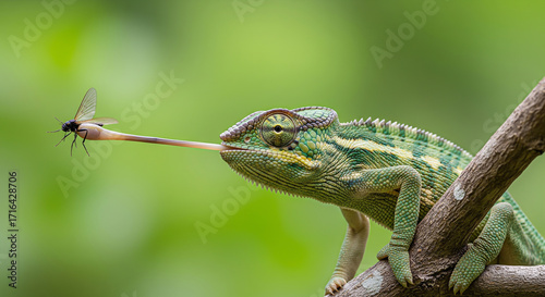 Close-up of chameleon catching an insect with its tongue, suitable for wildlife photography, nature documentaries, and educational content