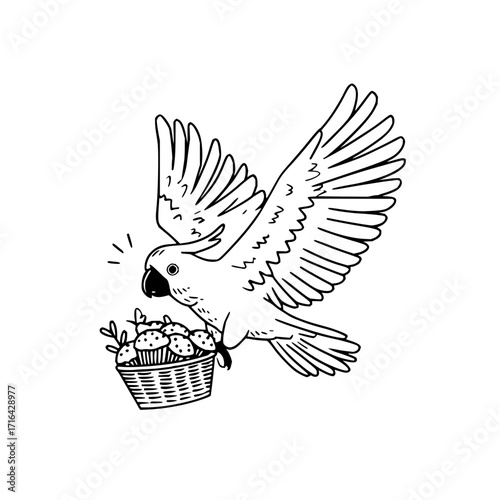 Cockatoo parrot flying with basket of cupcakes illustration vector drawing line art design template graphic