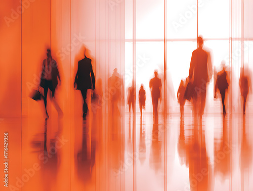 Blurred silhouettes of people walking in a modern building with orange tones. Rush hour
