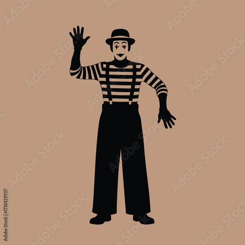 Silhouette of a mime in striped shirt and suspenders performing with expressive hand gestures on plain background