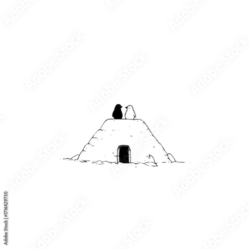 Penguin couple illustration on igloo top arctic animal drawing black and white wildlife antarctica art print