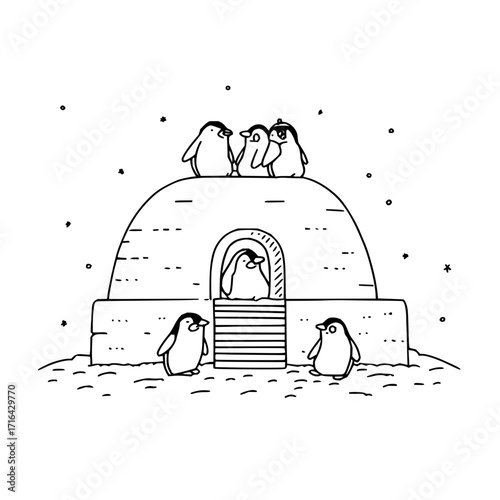Cute penguin family illustration in igloo winter scene antarctica animal drawing black and white line art design