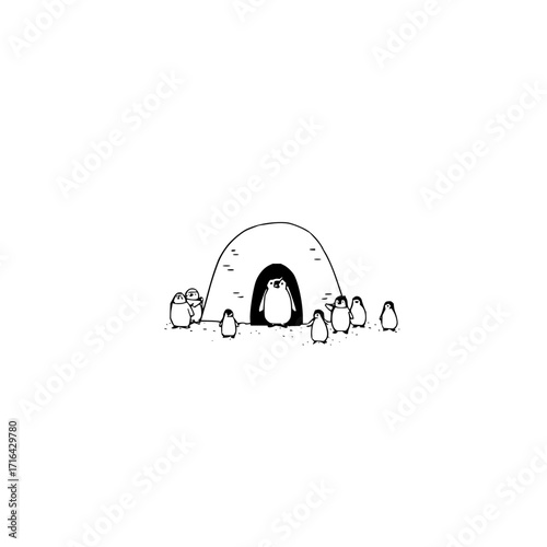 Cute penguin family illustration in antarctica igloo home black and white minimalist drawing vector design