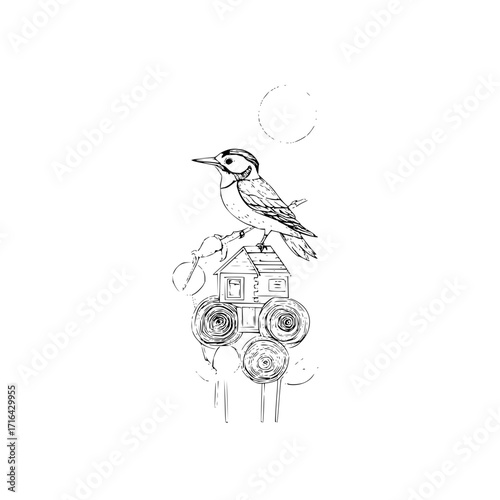 Bird house illustration vintage style drawing of a bird on a house with wheels and a moon in the sky