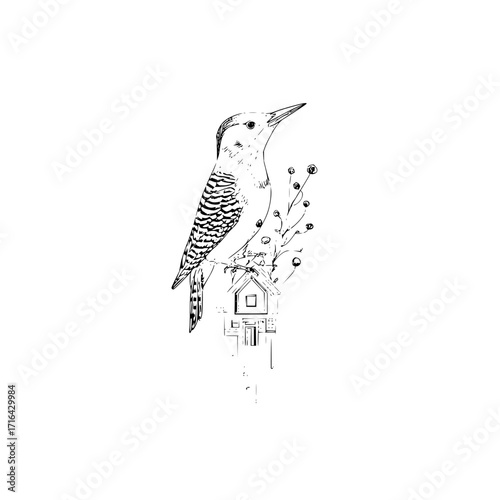 Woodpecker bird art illustration perched on birdhouse drawing wildlife nature sketch vector design image