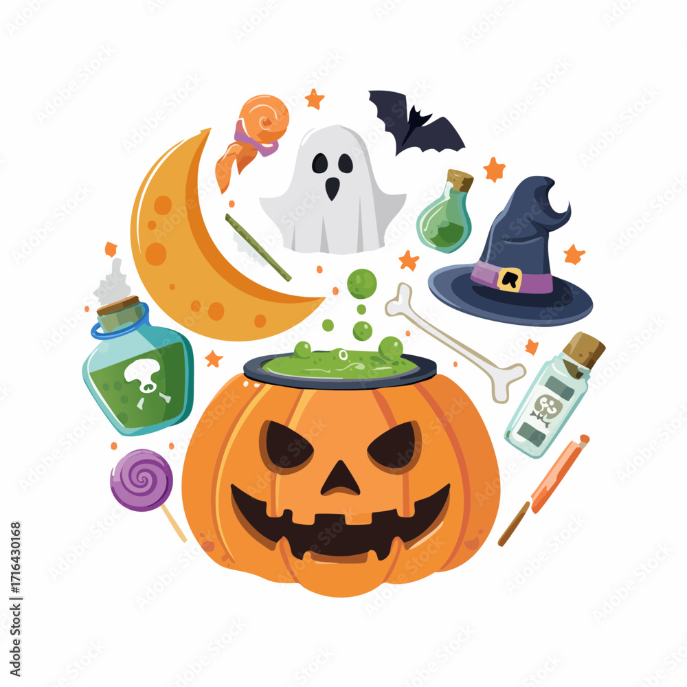 Obraz premium A vibrant collection of Halloween-themed illustrations including a jack-o'-lantern, ghost, witch's hat, potions, candy, and a crescent moon.
