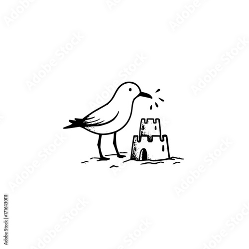 Seagull sandcastle beach art illustration summer vacation seaside drawing bird sand castle vector image design