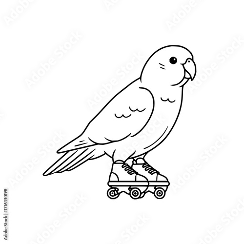 Cute lovebird parrot roller skating illustration vector outline drawing for coloring book and design project