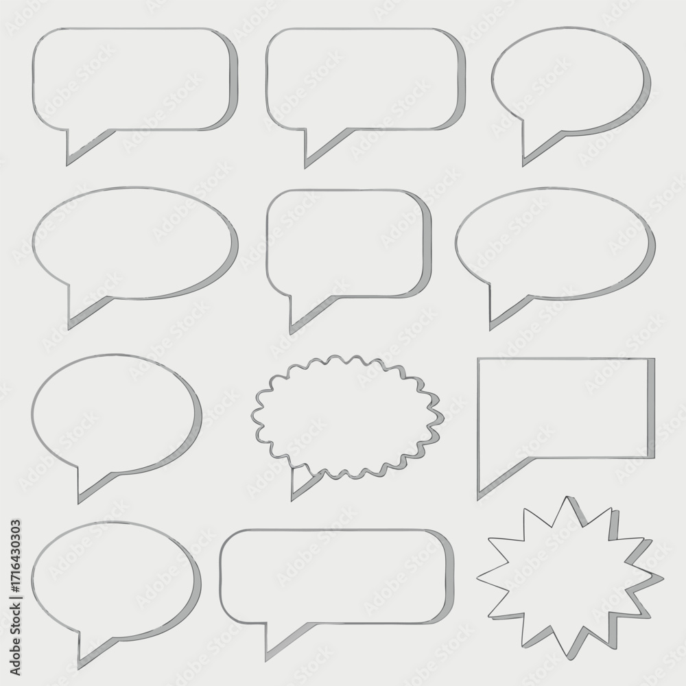 Obraz premium Collection of blank speech bubbles in various shapes, including oval, rectangle, starburst, and comic styles. Perfect for comics, cartoons, chat apps, dialogue boxes, and graphic design projects.