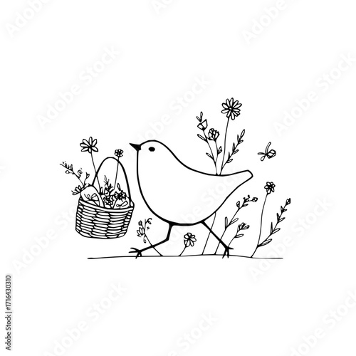 Cute easter bird carrying basket with eggs and flowers spring season vector illustration design element