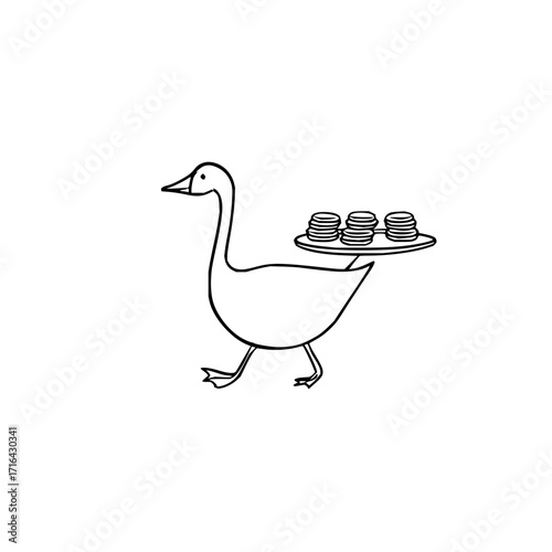 Goose delivering pancakes breakfast vector illustration line art drawing cute animal food service design concept