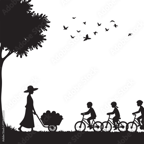 Silhouette of woman with wheelbarrow and children on bicycles