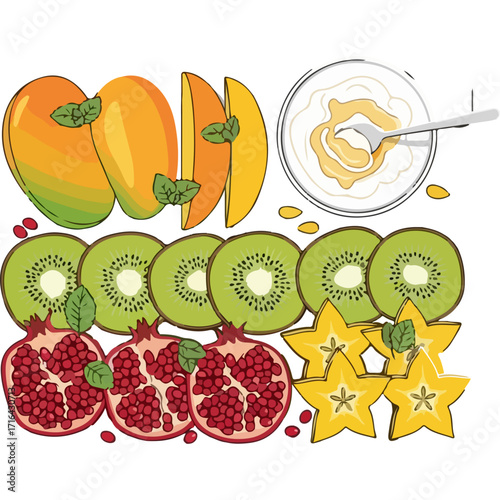 A beautiful and appetizing arrangement of sliced tropical fruits, including ripe mangoes, fresh kiwis, and vibrant pomegranates, alongside yogurt and stars, ideal for health-related content, recipe bo