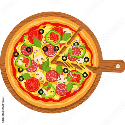 Delicious and appetizing classic Italian pizza on a wooden cutting board with fresh ingredients like mozzarella, pepperoni, black olives, bell peppers, and mushrooms, perfect for food-related projects