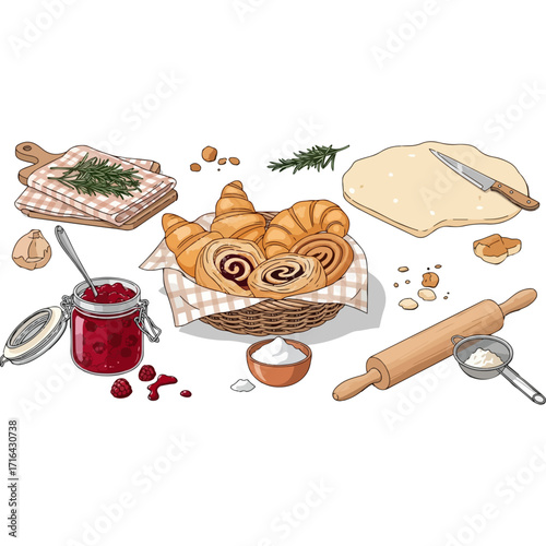 A beautiful and rustic composition of homemade baked goods, featuring a fresh croissant, bread dough, rolling pin, and various baking ingredients like flour, eggs, and fruit jam on a wooden surface, p