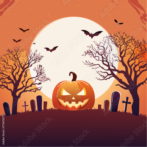 A spooky Halloween scene with a carved pumpkin, bare trees, gravestones, bats, and a large full moon against an orange sky.
