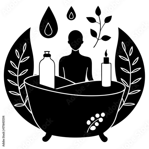 Black silhouette of person in bathtub with bath products and plants
