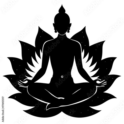 Black silhouette of person meditating in lotus pose on lotus flower