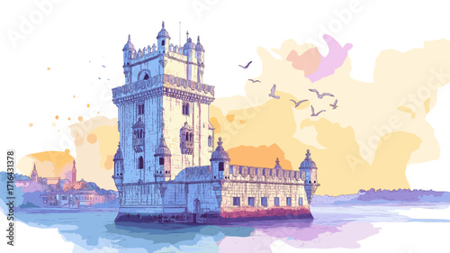 Belem Tower. Belem Tower watercolor vector illustration