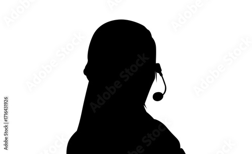 A dramatic black silhouette of a person wearing a headset, set against a plain white background.