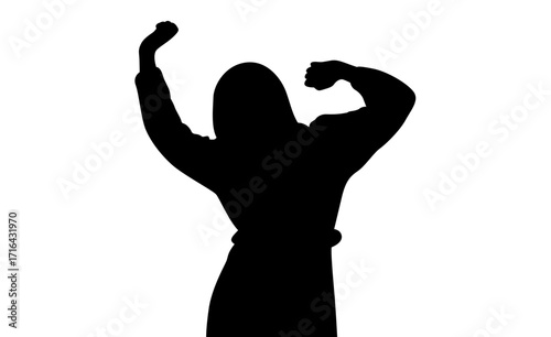 A dynamic silhouette of a woman with arms raised in a celebratory pose.