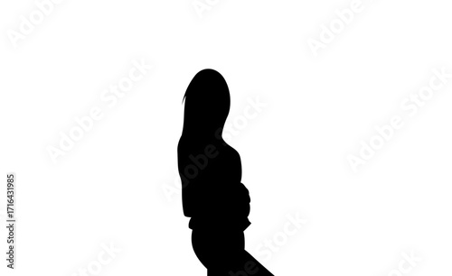 A dramatic black silhouette of a woman dancing, set against a pure white backdrop.