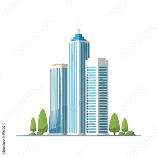 Modern city skyline with tall glass skyscrapers and green trees.