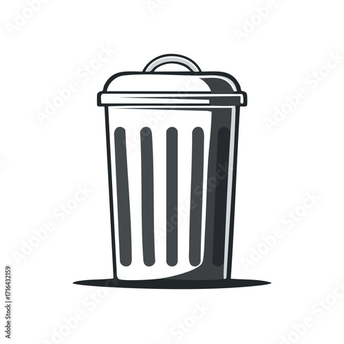 A stylized grayscale illustration of a metal trash can with a lid.
